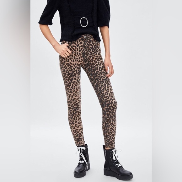 Zara High Rise Skinny Ankle Length Leopard Animal Print Denim Jeans 0327/221 - Picture 2 of 12